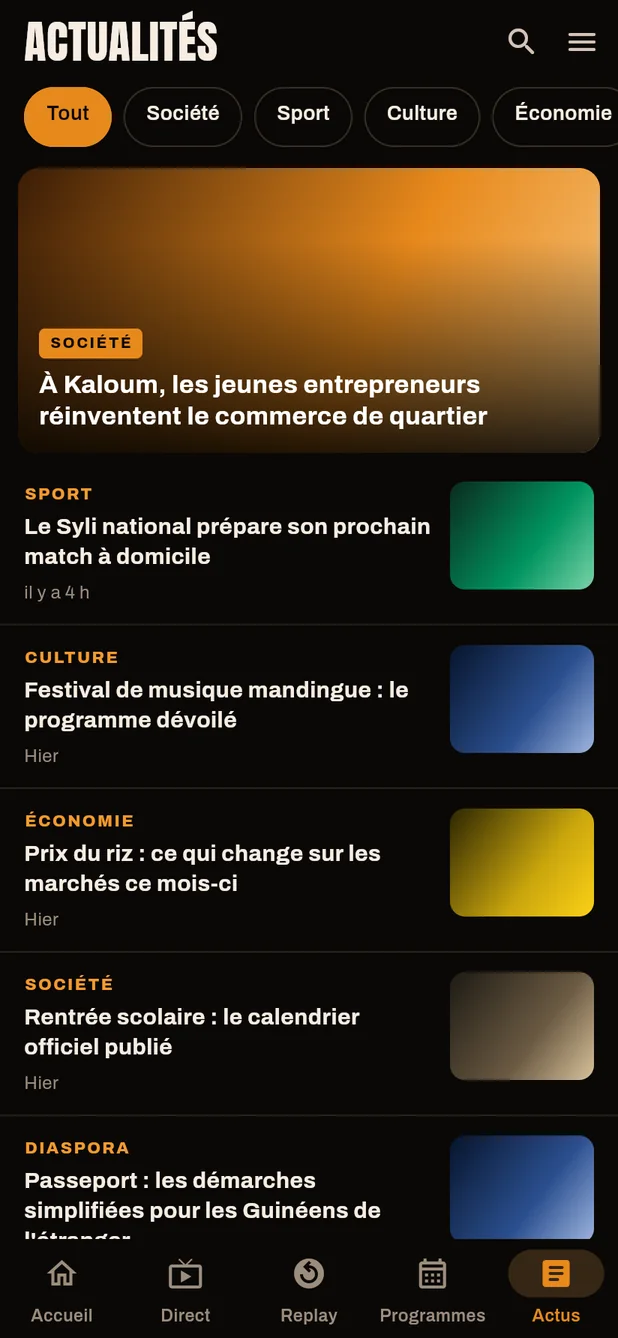 Application Syli TV, écran Actualités