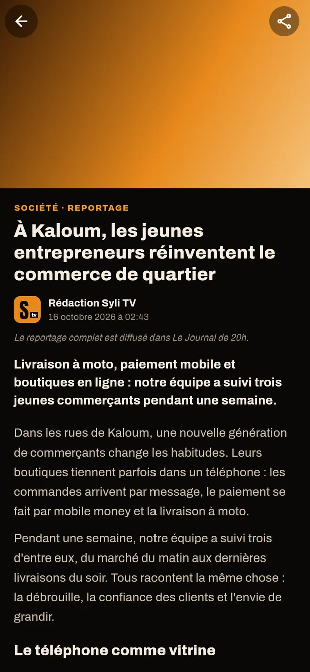 Application Syli TV, écran Articles