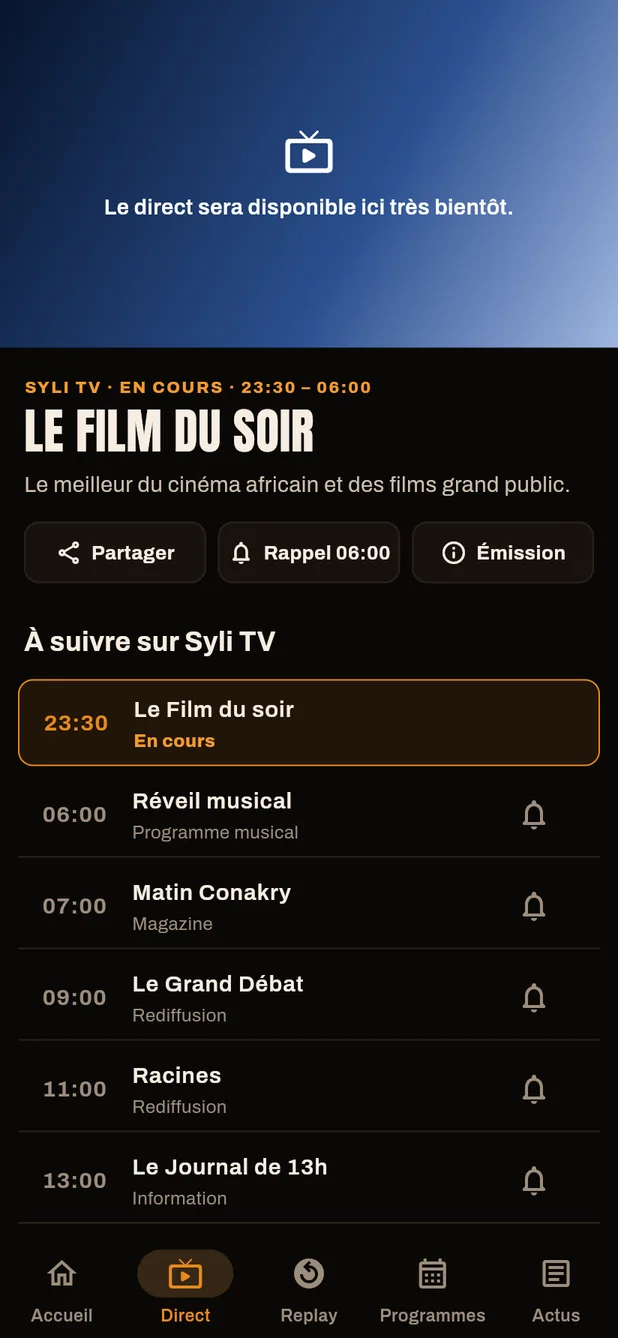 Application Syli TV, écran Direct