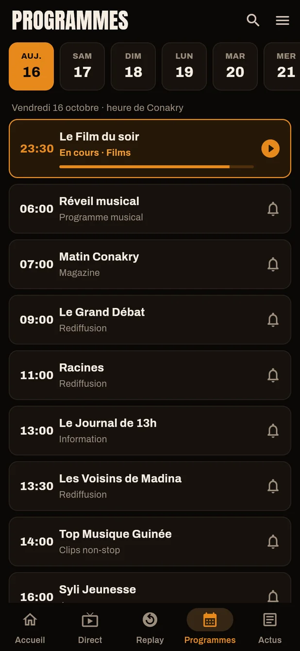 Application Syli TV, écran Programmes