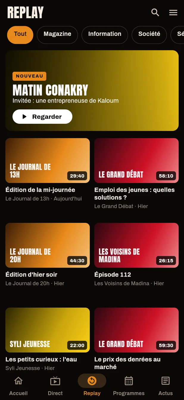 Application Syli TV, écran Replay